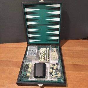Vtg Multi Game Set Backgammon Chess Checkers Dominoes Poker Dice Cards Complete